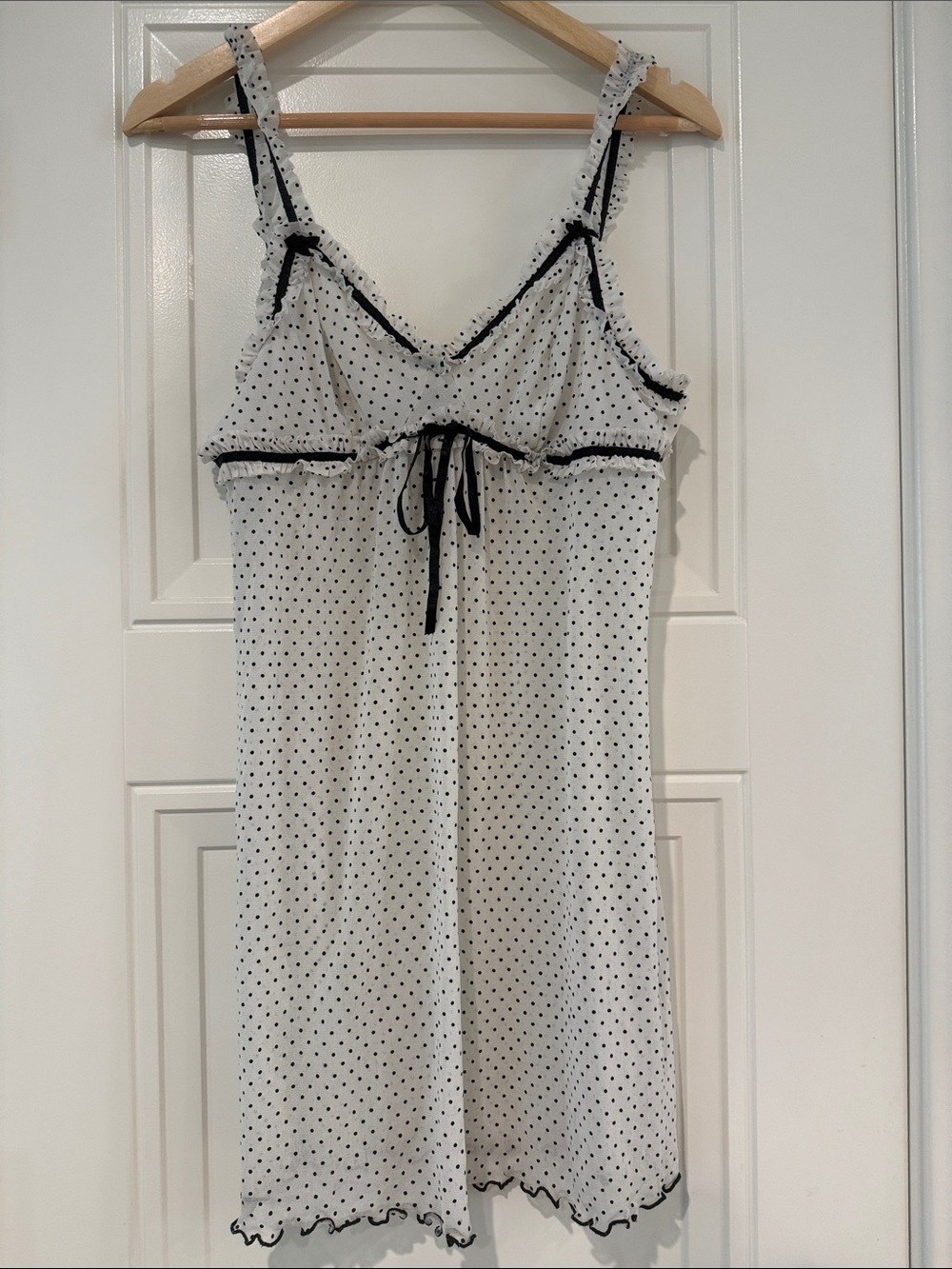 Polka Dot Ruffle Trim Sleep Chemise - Black on White